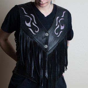 Leather Biker punk vest - flames and fringe - M